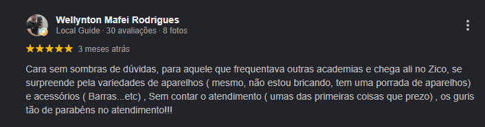Avaliação de Wellynton Mafei Rodrigues no Google: 5 estrelas, elogiando a variedade de aparelhos e o atendimento