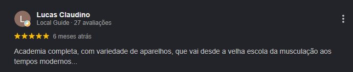 Avaliação de Lucas Claudino no Google: 5 estrelas, elogiando a academia completa